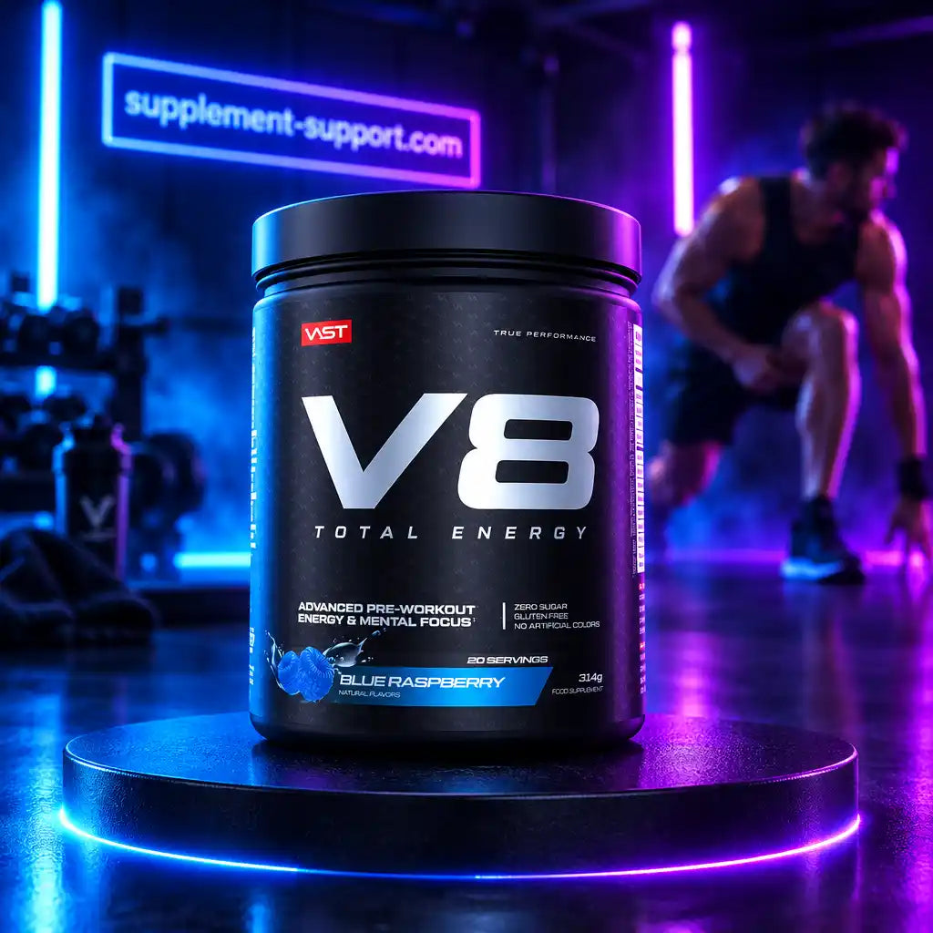 VAST® V8 Total Energy Pre-Workout Supplement in Blue Raspberry Geschmack vor neonblauem Hintergrund