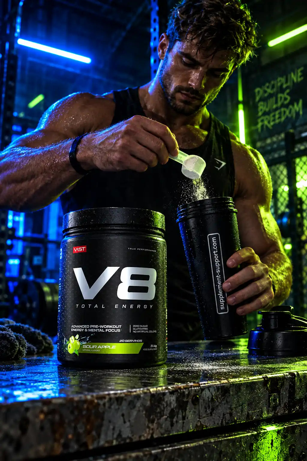 Muskulöser Mann füllt VAST® V8 Total Energy Pre-Workout in einen Shaker im Fitnessstudio.