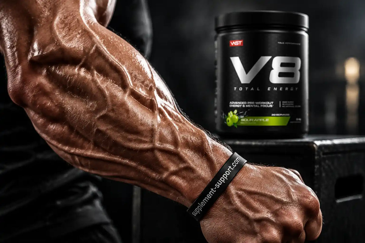 Muskulöser Arm neben einer Dose VAST® V8 Total Energy Pre-Workout in Sour Apple