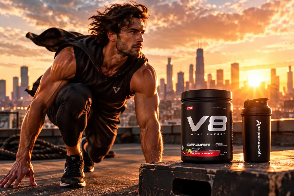 Muskulöser Mann in Startposition neben VAST® V8 Total Energy Pre-Workout Dose vor einer Stadtkulisse.