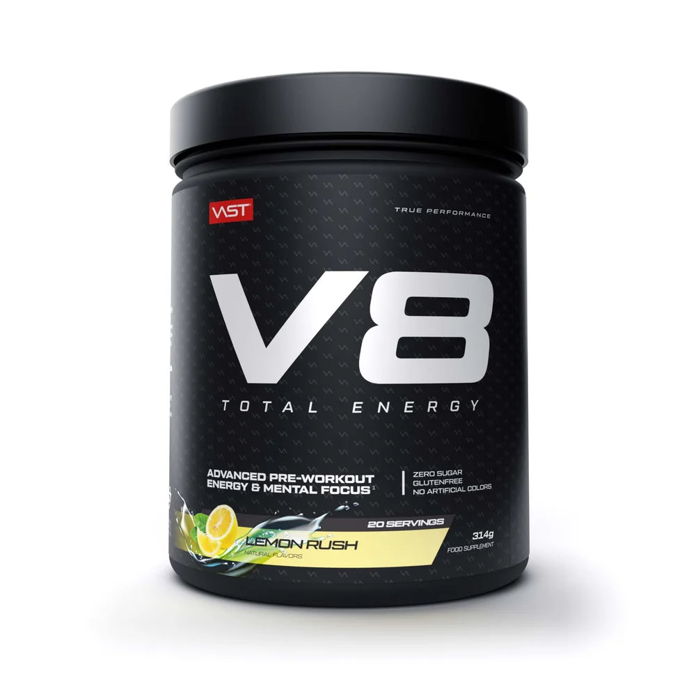 VAST® V8 Total Energy Pre-Workout Supplement im Lemon Rush Geschmack, schwarze Dose
