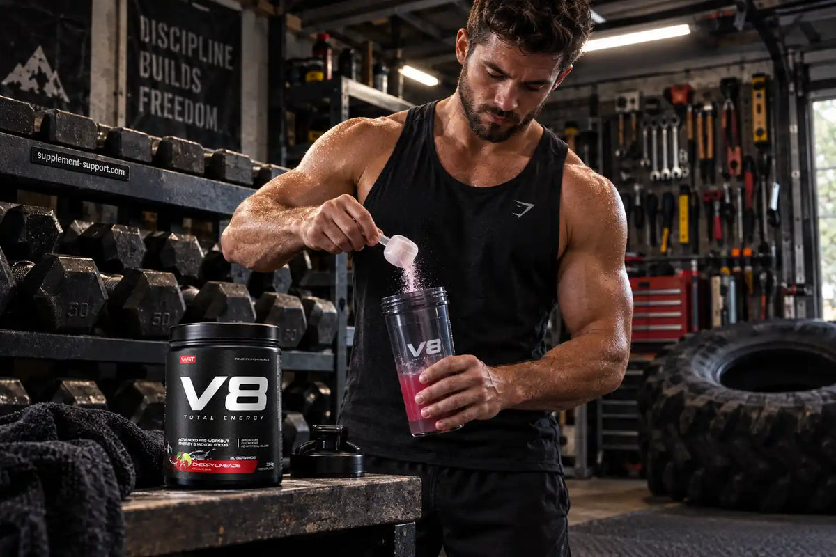 Muskulöser Mann füllt VAST® V8 Total Energy Pre Workout Pulver in einen Shaker im Fitnessstudio.