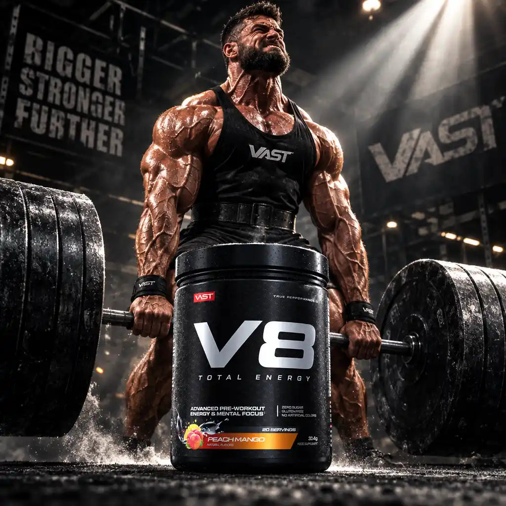Muskulöser Bodybuilder mit VAST® V8 Total Energy Pre-Workout und Hantel im Fitnessstudio.