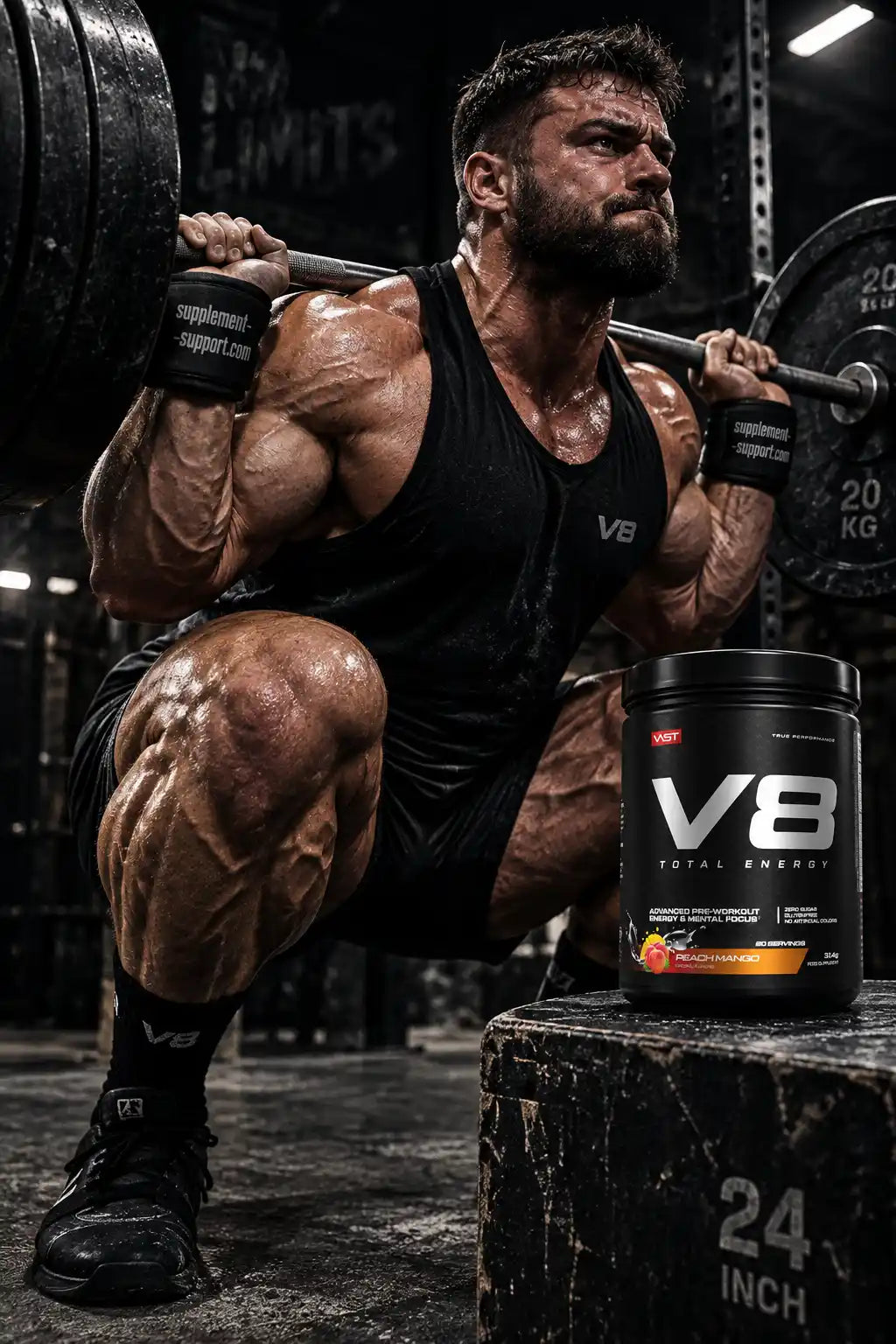 Muskulöser Mann macht Kniebeugen mit Langhantel neben VAST® V8 Total Energy Pre Workout Dose.