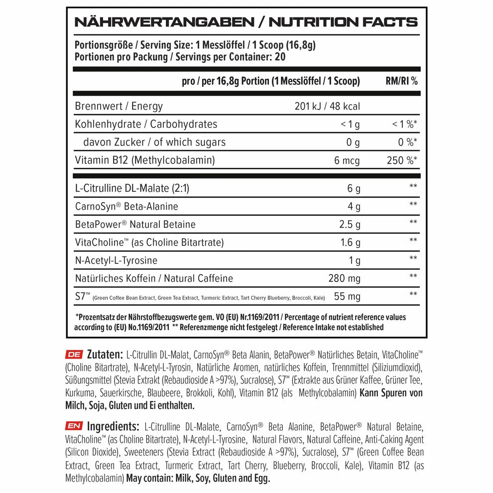 Nährwerttabelle und Zutatenliste des VAST® V8 Total Energy Pre Workout Supplements.