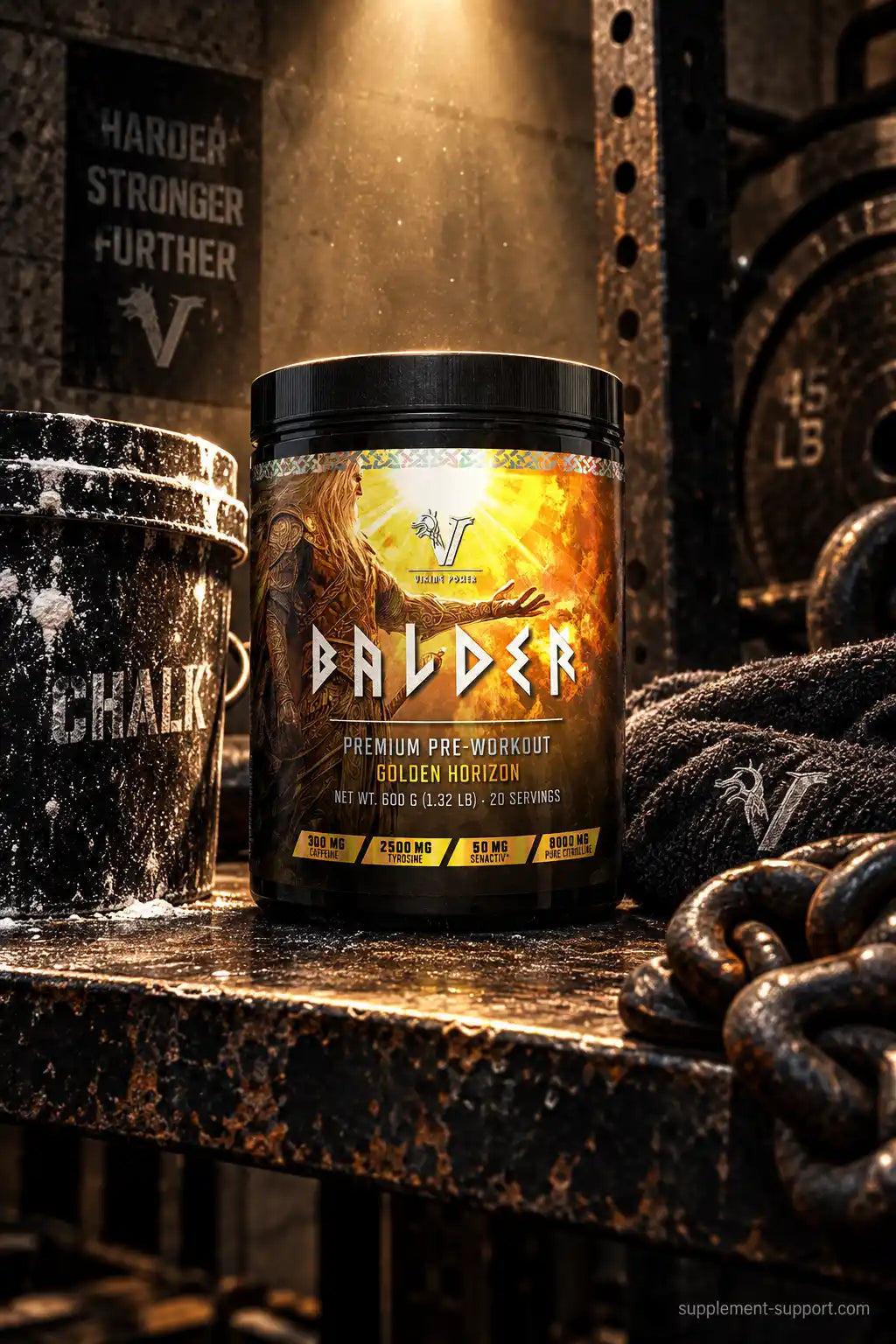Viking Power Balder Pre-Workout Booster Dose im rustikalen Fitnessstudio-Ambiente