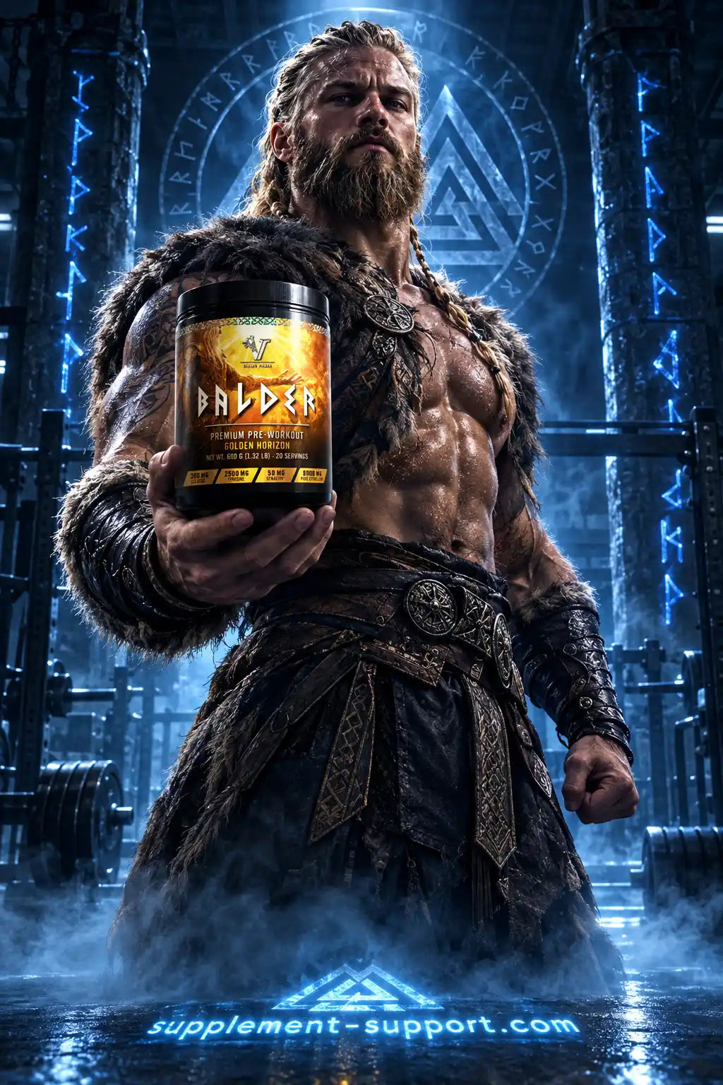Muskulöser Wikinger hält eine Dose Viking Power Balder Pre-Workout in einer mystischen Umgebung.