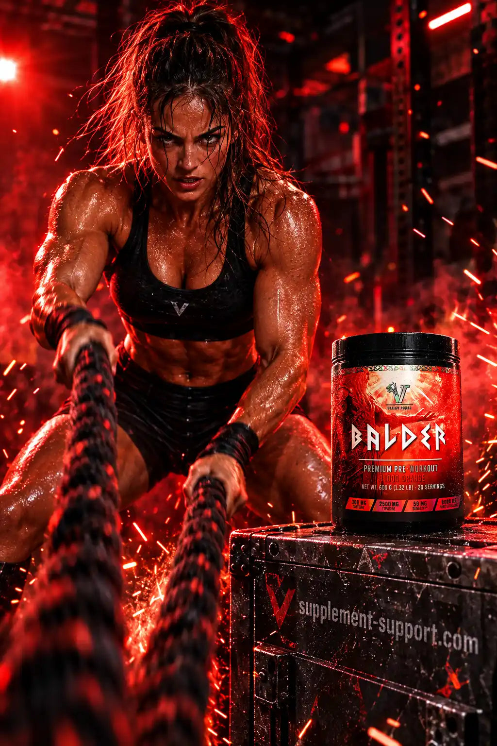 Muskulöse Frau trainiert mit Battle Ropes neben einem Viking Power Balder Trainingsbooster.