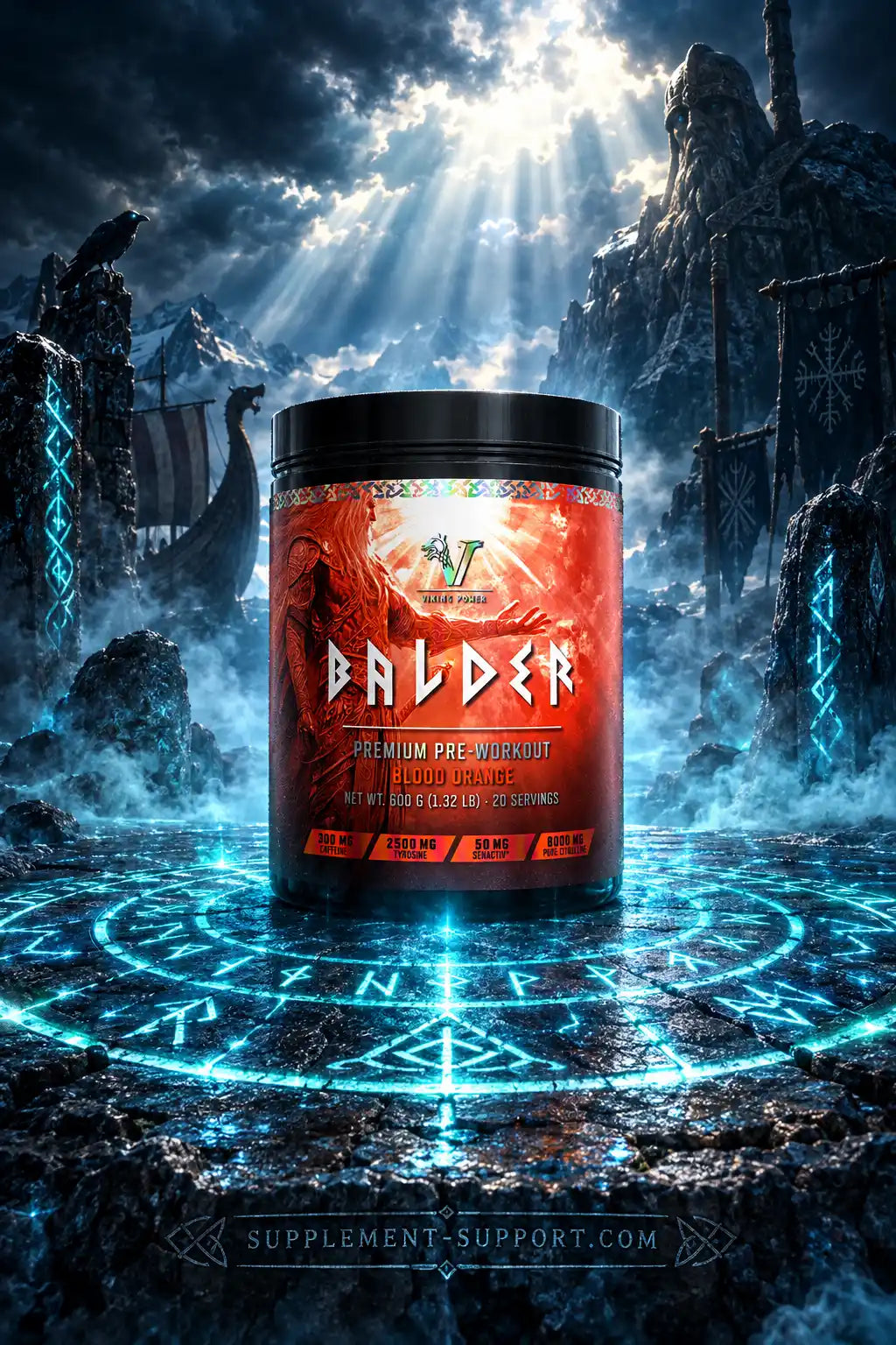 Viking Power Balder Trainingsbooster Blood Orange vor einer mystischen Wikinger-Kulisse
