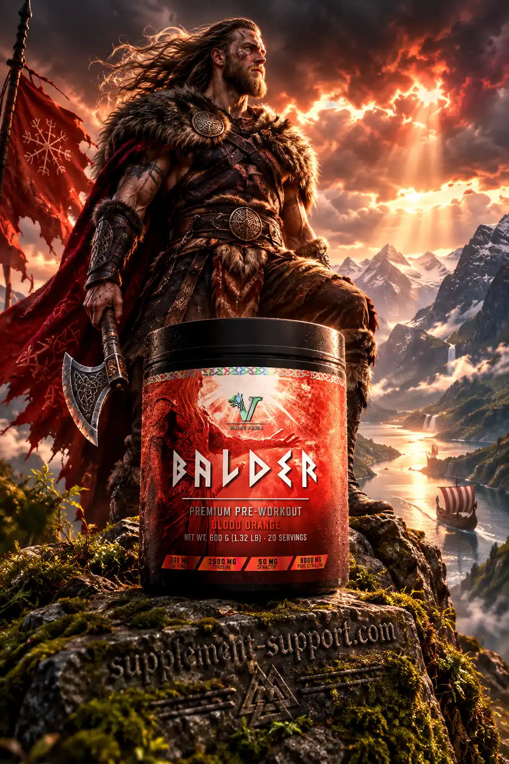 Viking Power Balder Pre-Workout Booster Dose vor einem muskulösen Wikinger in einer Berglandschaft