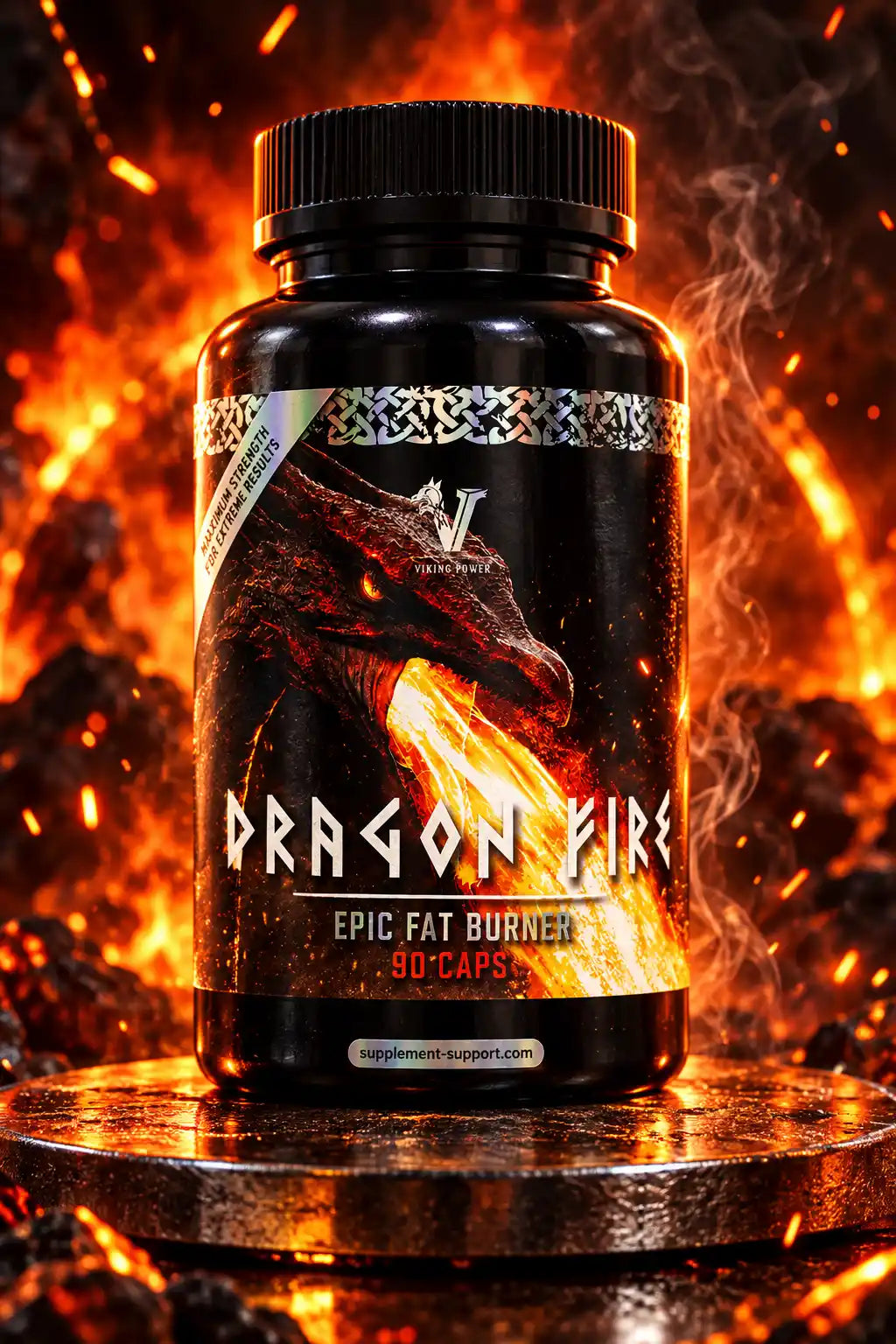 Viking Power Dragon Fire Fat Burner Supplement-Dose vor einem feurigen Hintergrund
