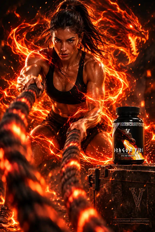 Muskulöse Frau trainiert mit Battle Ropes neben Viking Power Dragon Fire Burner vor Flammen.