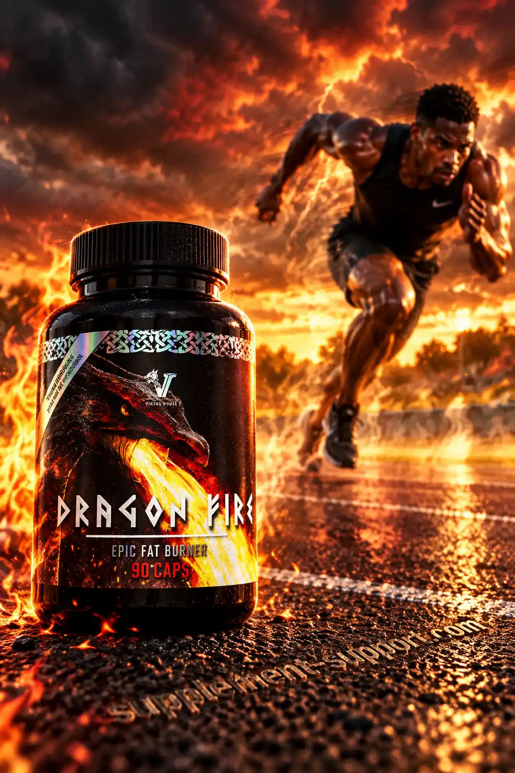 Viking Power Dragon Fire Epic Fat Burner Dose vor einem rennenden Athleten und Flammenhintergrund