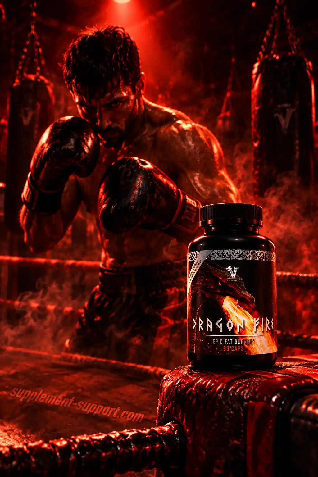Viking Power Dragon Fire Fat Burner Dose vor einem Boxer in einem roten Boxring