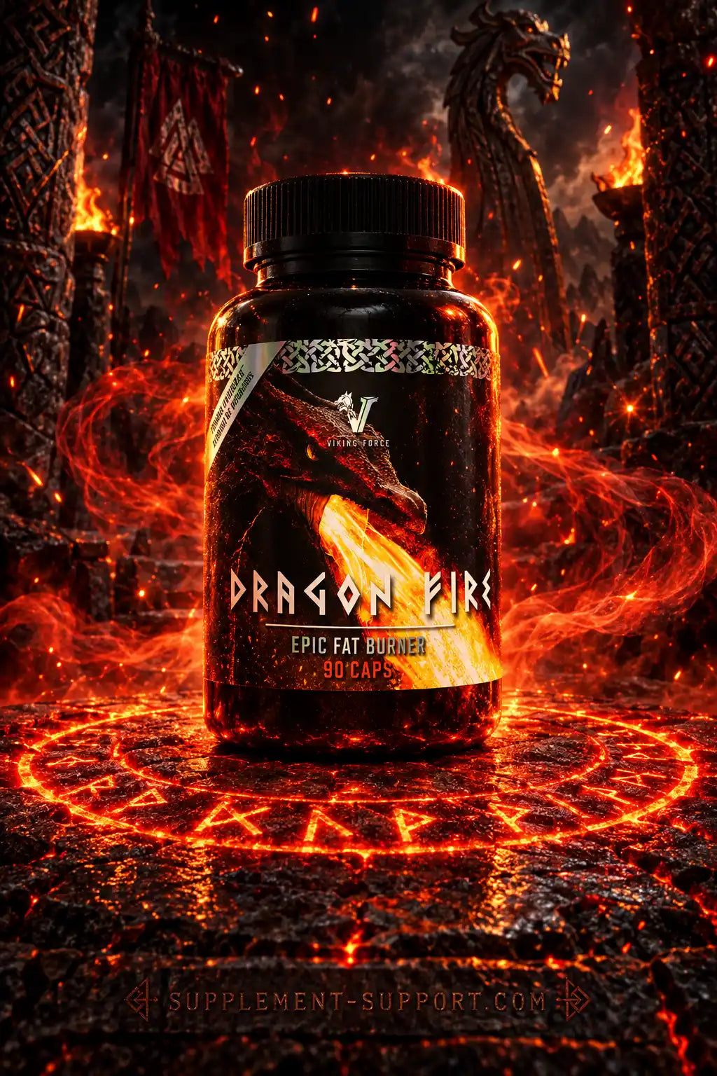 Viking Power Dragon Fire Burner Nahrungsergänzung mit Drachenmotiv vor feurigem Hintergrund