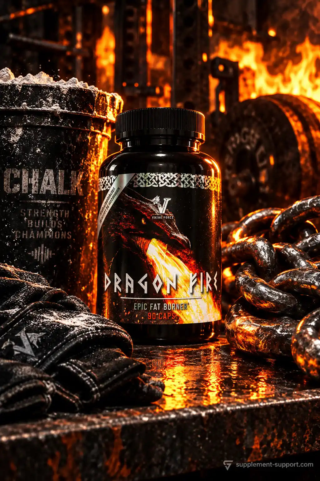 Viking Power Dragon Fire Burner Fat Burner Kapseln in einem Fitness-Setting mit Feuer und Ketten