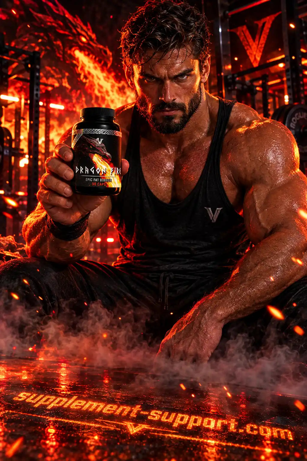Muskulöser Mann hält Viking Power Dragon Fire Burner Supplement in einem Fitnessstudio.