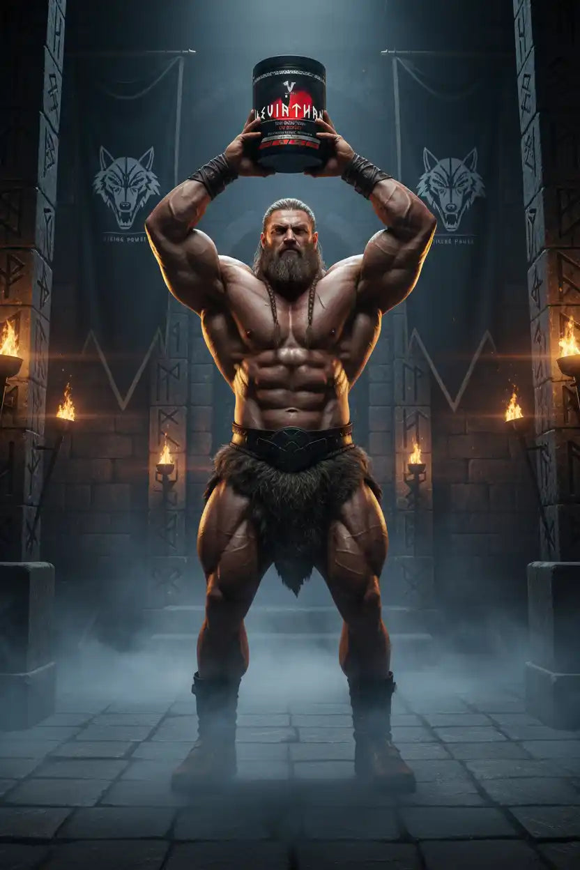 Muskulöser Wikinger hält ein LEVINTHAN Sportnahrung-Supplement in einer steinernen Halle.
