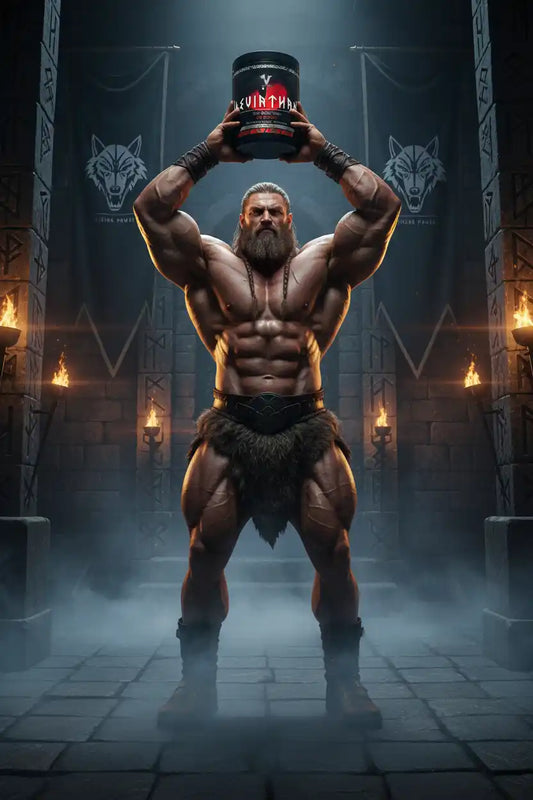 Muskulöser Wikinger hält ein LEVINTHAN Sportnahrung-Supplement in einer steinernen Halle.