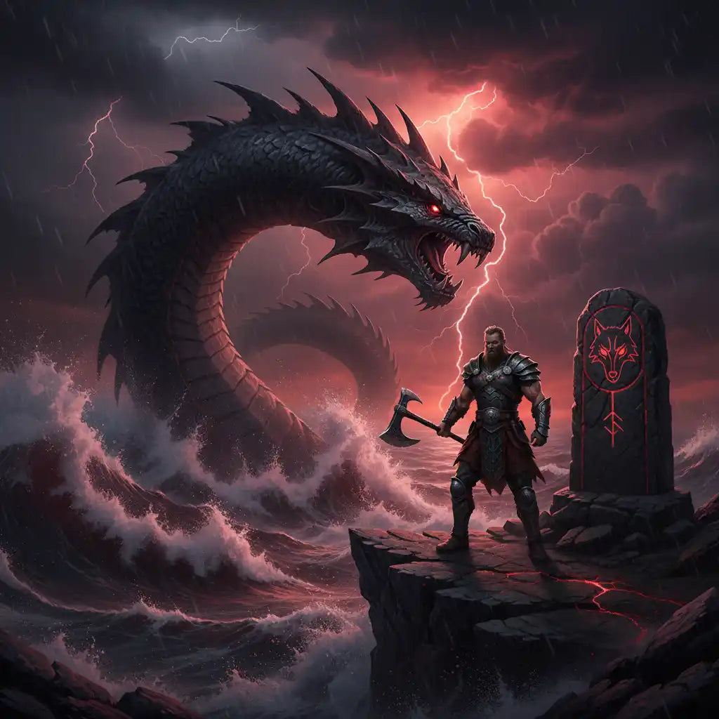 Ein Krieger mit Axt steht vor einem riesigen schwarzen Drachen in einer stürmischen Kulisse.