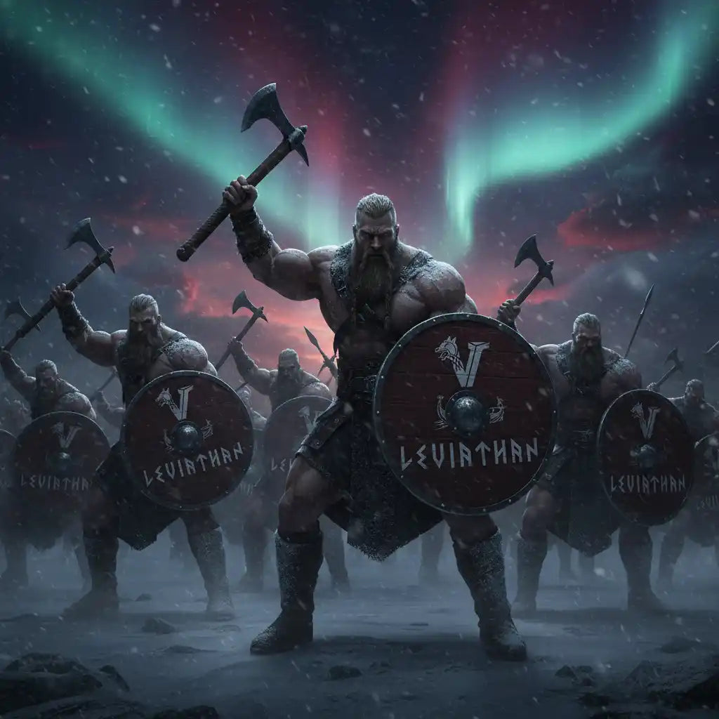 Muskulöse Wikinger Krieger mit Äxten und Schilden vor einem Nordlicht-Hintergrund