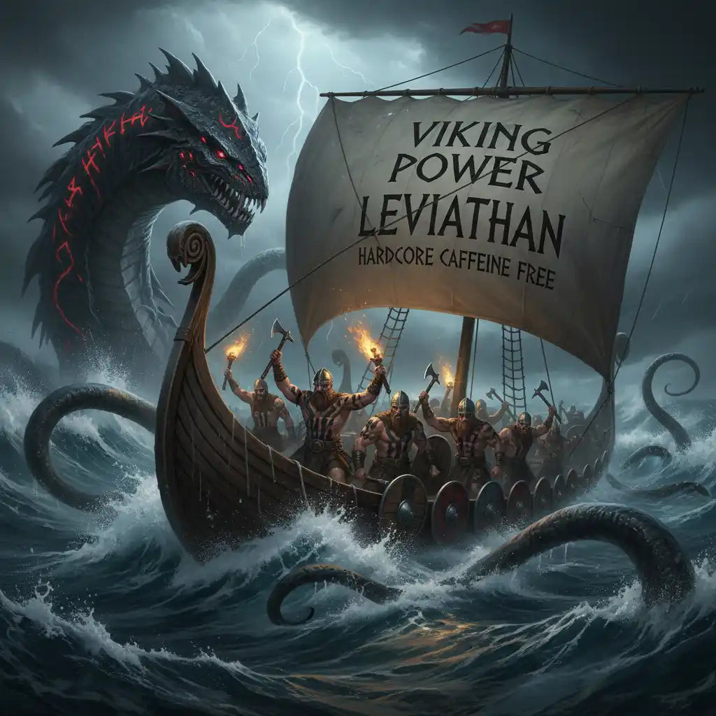 Wikinger auf einem Schiff vor einem riesigen Meeresmonster mit der Aufschrift Viking Power Leviathan