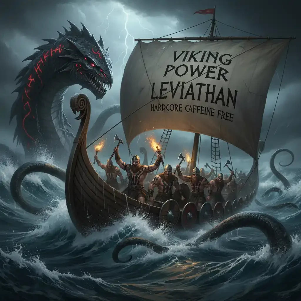 Wikinger auf einem Schiff vor einem riesigen Meeresmonster mit der Aufschrift Viking Power Leviathan