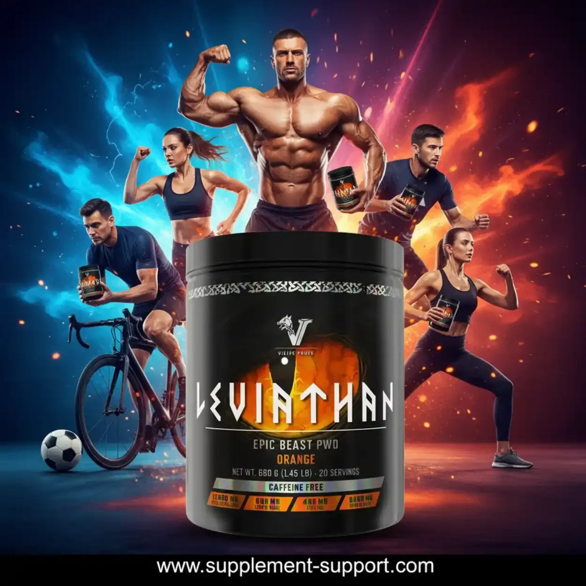 Leviathan Epic Beast PWO Orange Pre-Workout Supplement mit Sportlern im Hintergrund