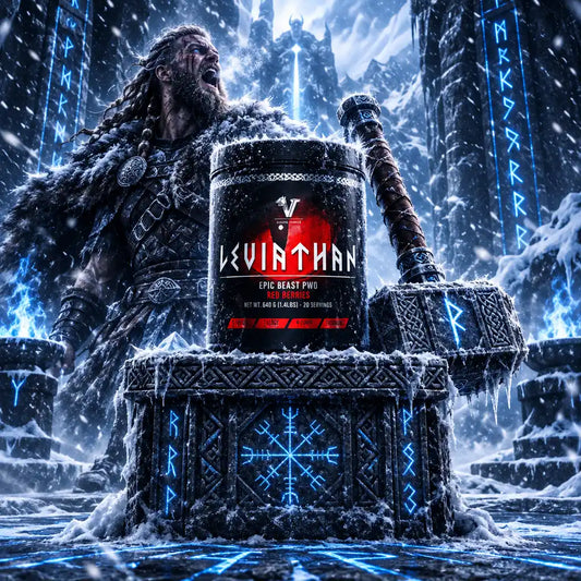 Viking Power Leviathan Hardcore PWO in einer verschneiten Wikinger-Landschaft mit Krieger und Hammer.