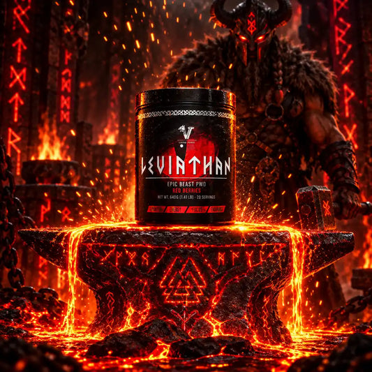 Viking Power Leviathan Hardcore PWO in Red Berries auf einem glühenden Amboss vor einem Wikinger.