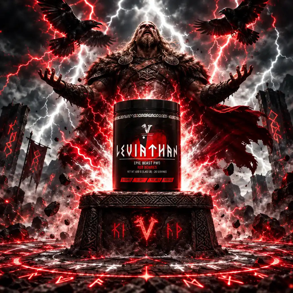 Viking Power Leviathan Hardcore PWO Dose vor einem epischen Wikinger mit Blitzen und Raben.