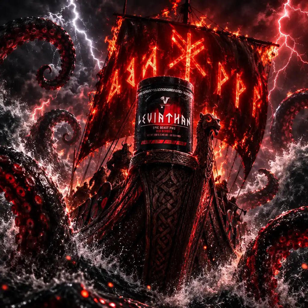Viking Power Leviathan Hardcore PWO Dose auf einem Wikingerschiff im Sturm mit Kraken-Tentakeln