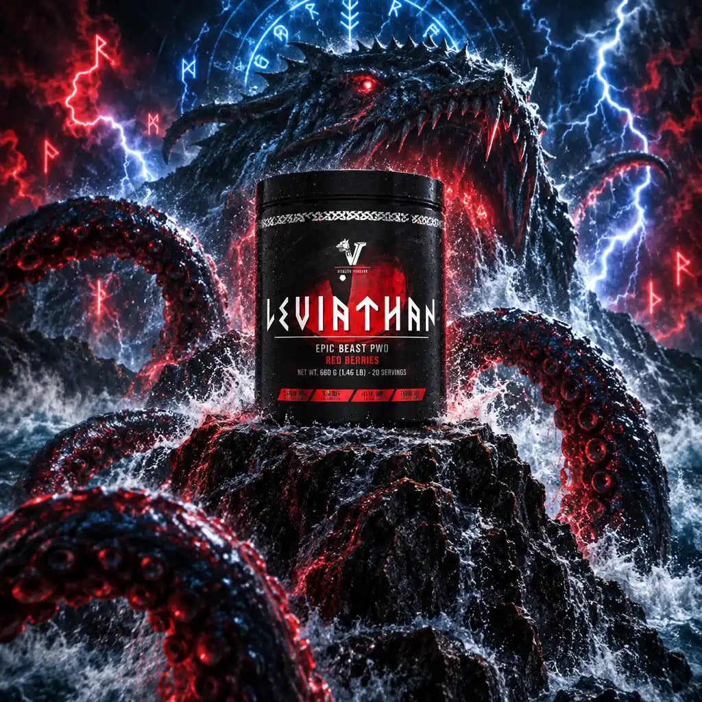 Viking Power Leviathan Hardcore PWO Red Berries Dose vor einem mystischen Seeungeheuer.