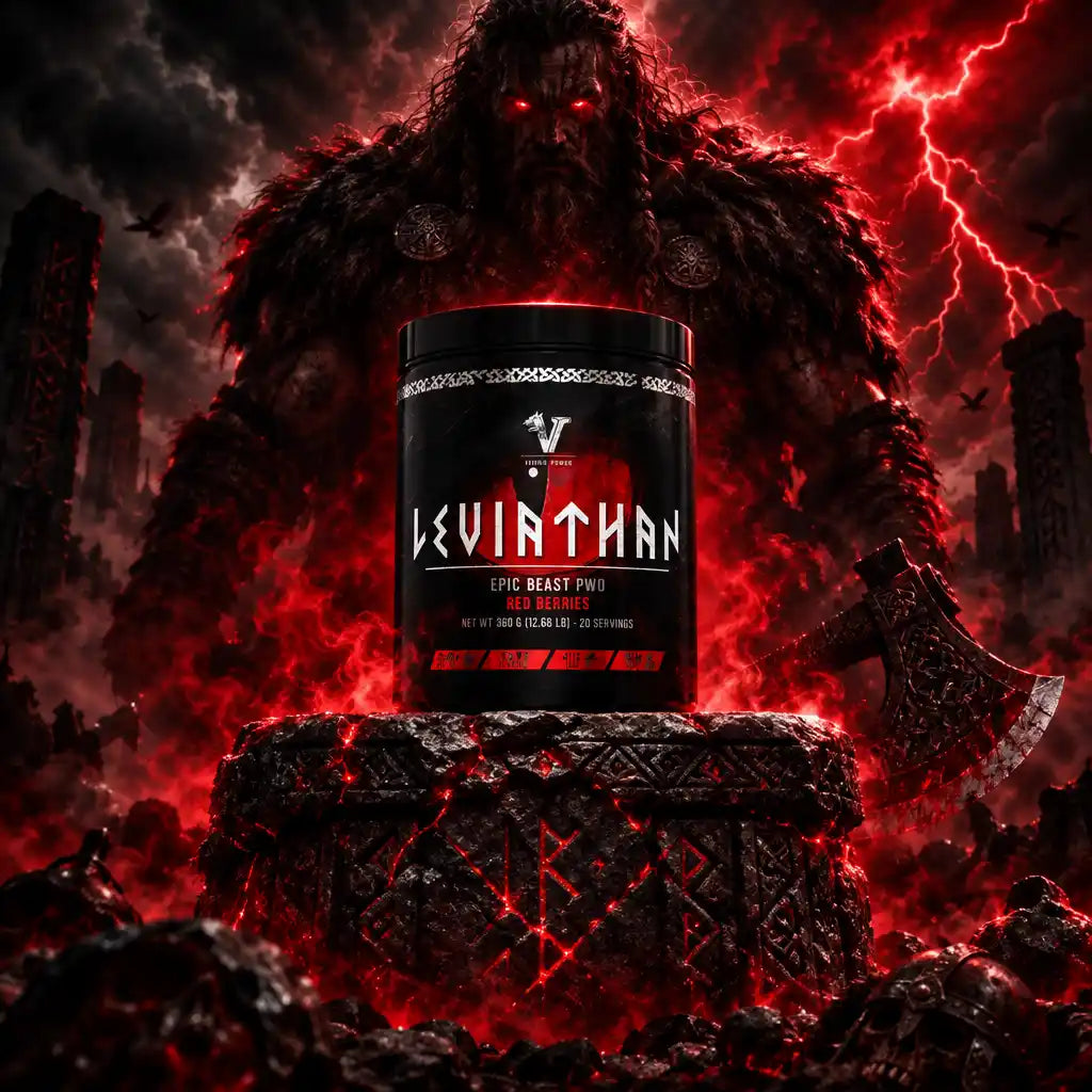 Viking Power Leviathan Hardcore PWO Red Berries Dose vor einem bedrohlichen Wikingerkrieger