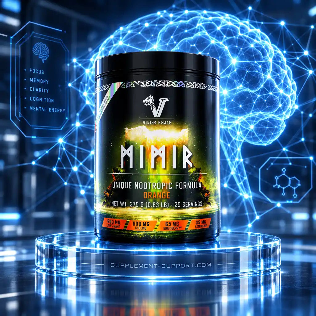 Viking Power Mimir Nootropic 375g Orange Dose vor einem digitalen Gehirn-Hintergrund