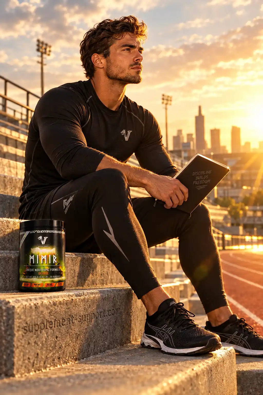 Muskulöser Mann mit Viking Power Mimir Nootropic auf Stadiontreppen bei Sonnenuntergang.