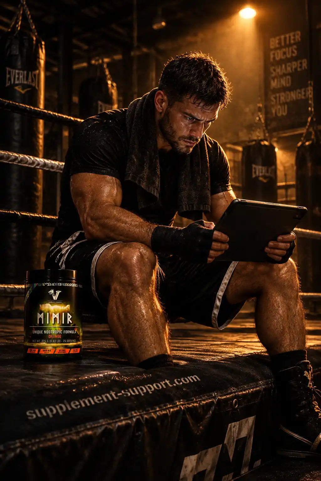 Muskulöser Sportler im Boxring mit Tablet und Viking Power Mimir Nootropic Dose.