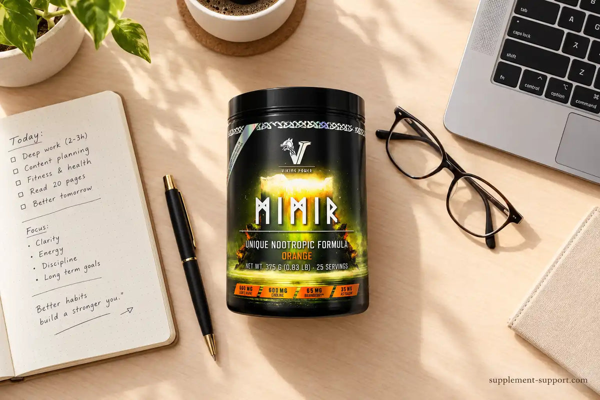 Viking Power Mimir Nootropic in Orange auf einem Schreibtisch mit Notizbuch und Laptop