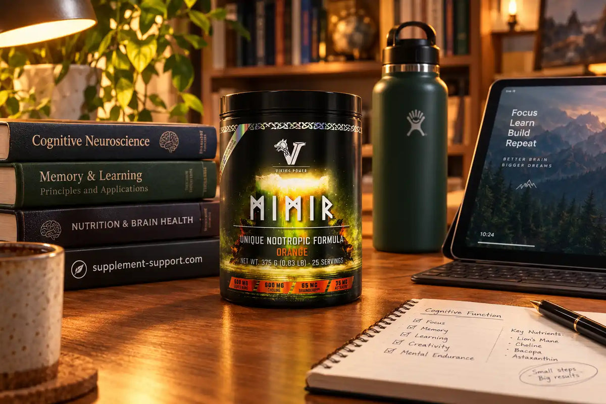 Viking Power Mimir Nootropic Orange 375g Dose neben Fachbüchern und einem Laptop auf einem Schreibtisch