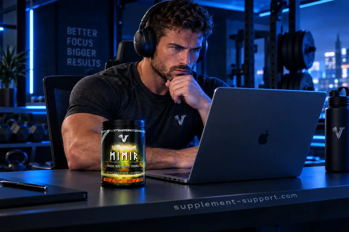 Mann mit Kopfhörern arbeitet am Laptop mit Viking Power Mimir Nootropic im Fitnessstudio.