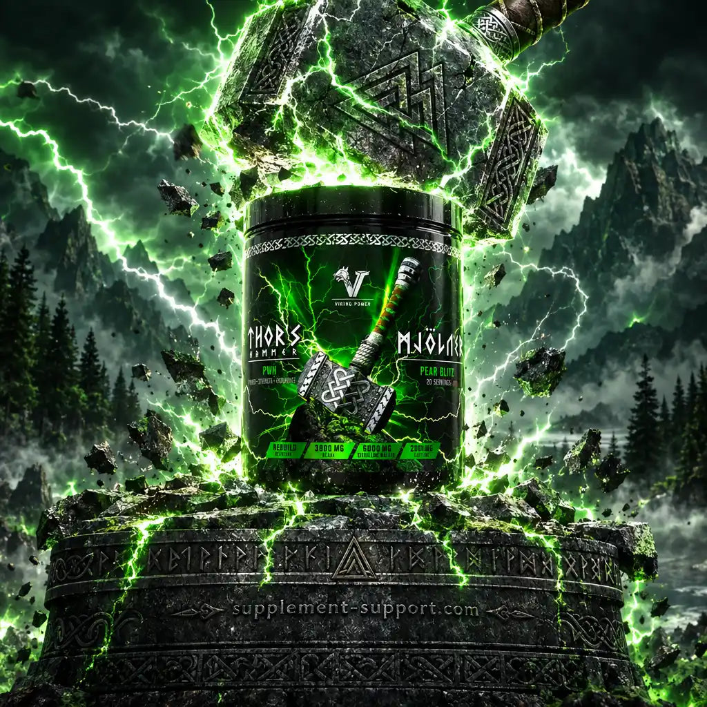 Viking Power Thor's Hammer Pre-Workout Dose mit grünen Blitzen und einem Hammer auf Stein.