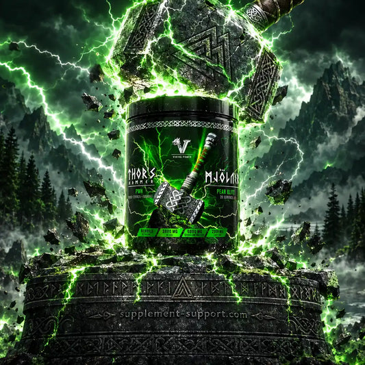 Viking Power Thor's Hammer Pre-Workout Dose mit grünen Blitzen und einem Hammer auf Stein.
