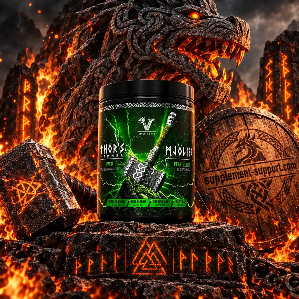 Viking Power Thor's Hammer Pre-Workout Dose vor einem dramatischen, feurigen Wikinger-Hintergrund.