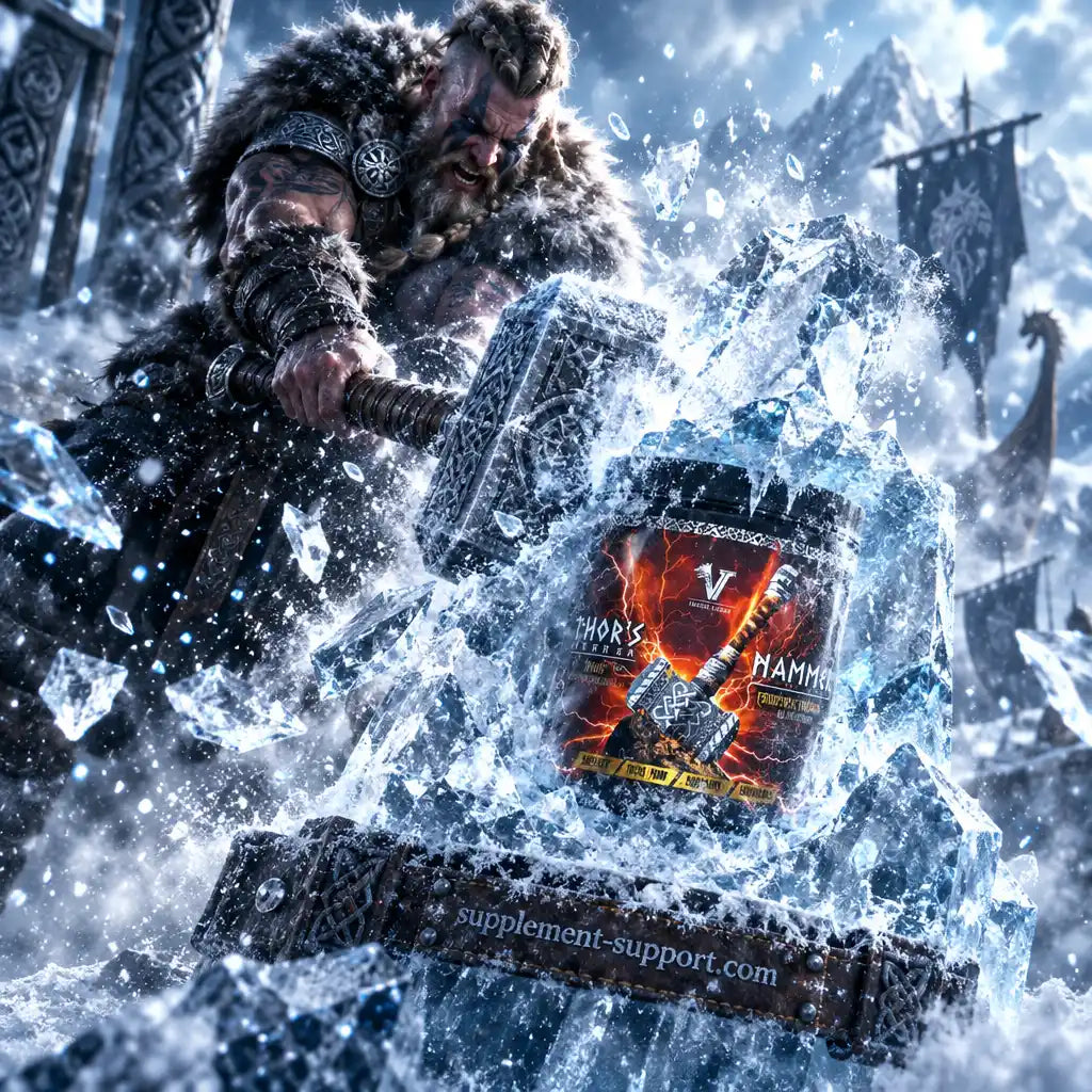 Viking Power Thor's Hammer Pre-Workout Dose in einer eisigen Wikinger-Szene