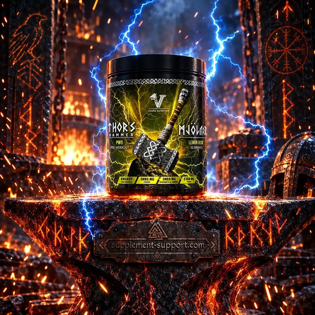 Viking Power Thor's Hammer Pre-Workout Dose auf einem Amboss mit Blitzen im Hintergrund.