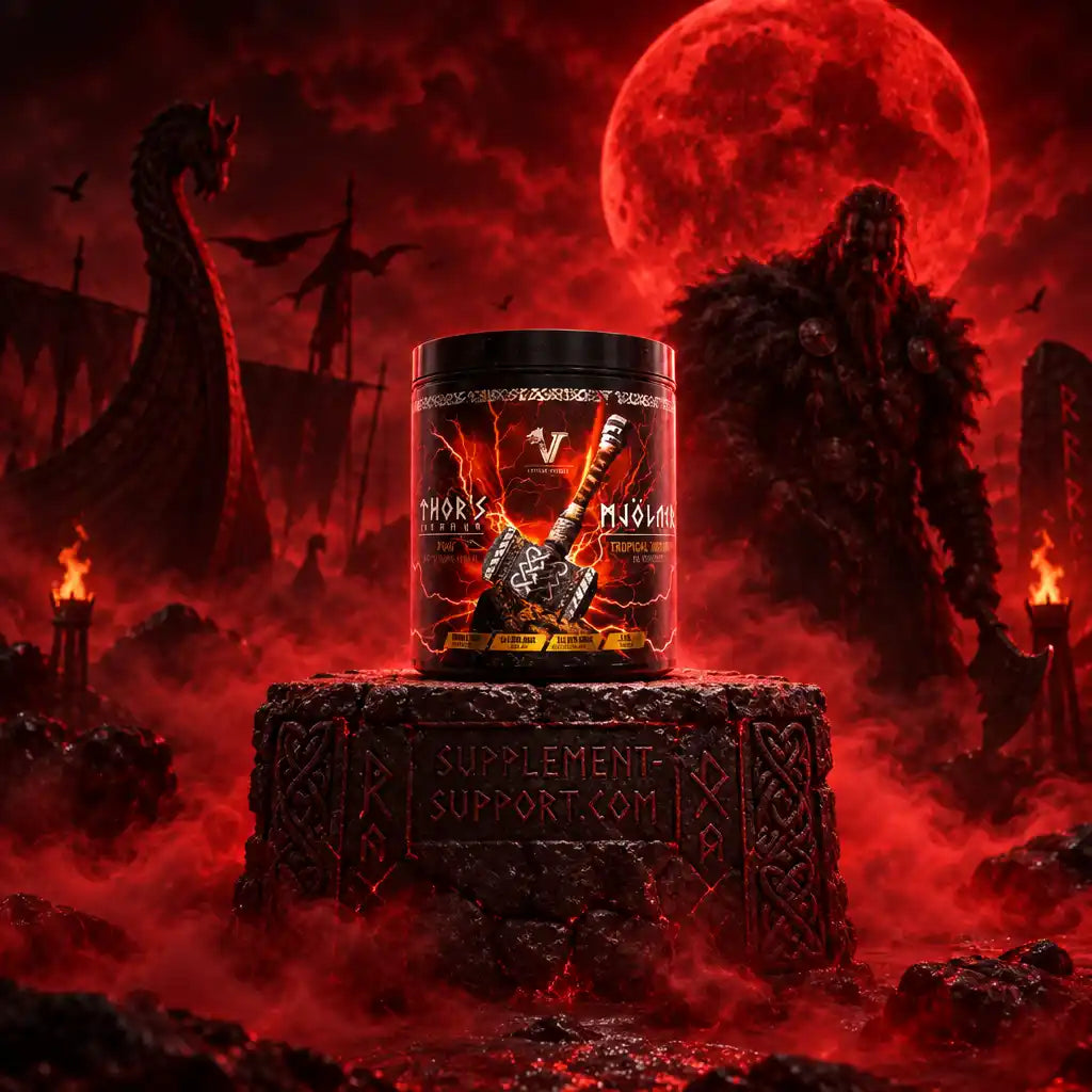 Viking Power Thor's Hammer Pre-Workout Dose in einer dramatischen, roten Wikinger-Landschaft.