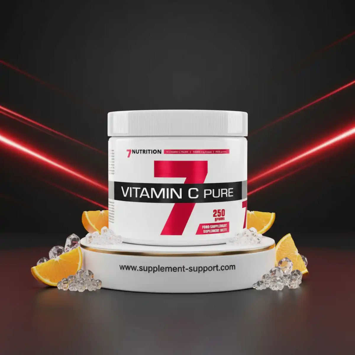 Weiße Dose Vitamin C Pure Nahrungsergänzungsmittel mit Orangenstücken auf Eis