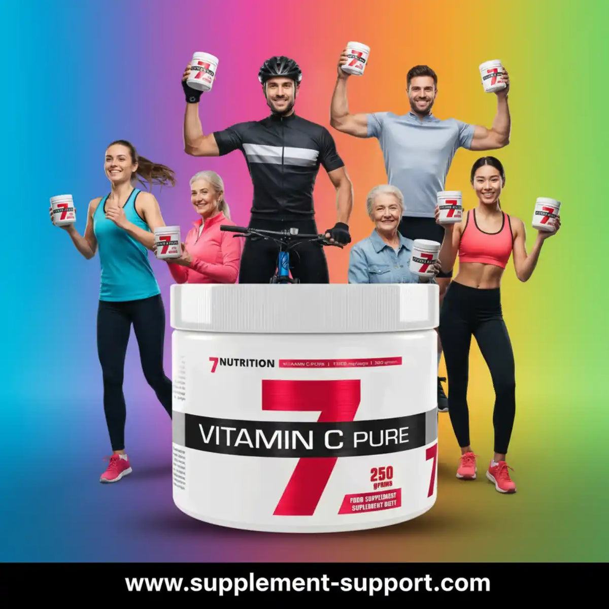 7Nutrition Vitamin C Pure Nahrungsergänzung mit Sportlern vor einem bunten Hintergrund.
