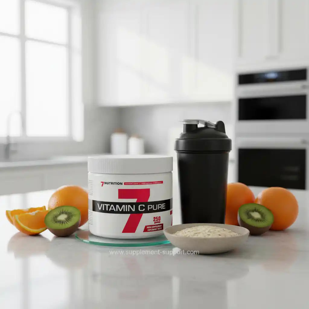 Vitamin C Pure von 7 Nutrition mit Shaker, Orangen und Kiwis in moderner Küche