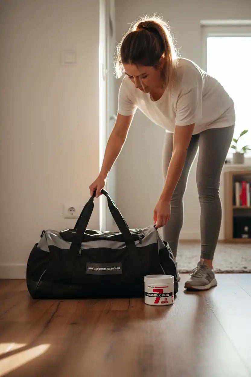 Frau packt Sporttasche mit Vitamin C Pure für Fitness & Training